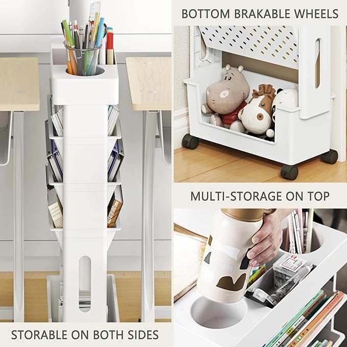 5-Tier Mobile Bookshelf, Rolling Bookcase Book Storage Rack, Movable File Folder Organizer Cart with Wheels for Home Study Office Living Room Classroom, Light Pink