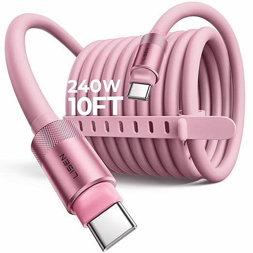 LISEN 10FT USB C Cable Fast Charging, Chubby 240W Cable USB C to USB C Fast Charging Soft Silicone USBC to USBC Parallel Cable for iPhone 17 Pro Max 16 15 Samsung S25 Ultra MacBook Pro Air iPad Pink