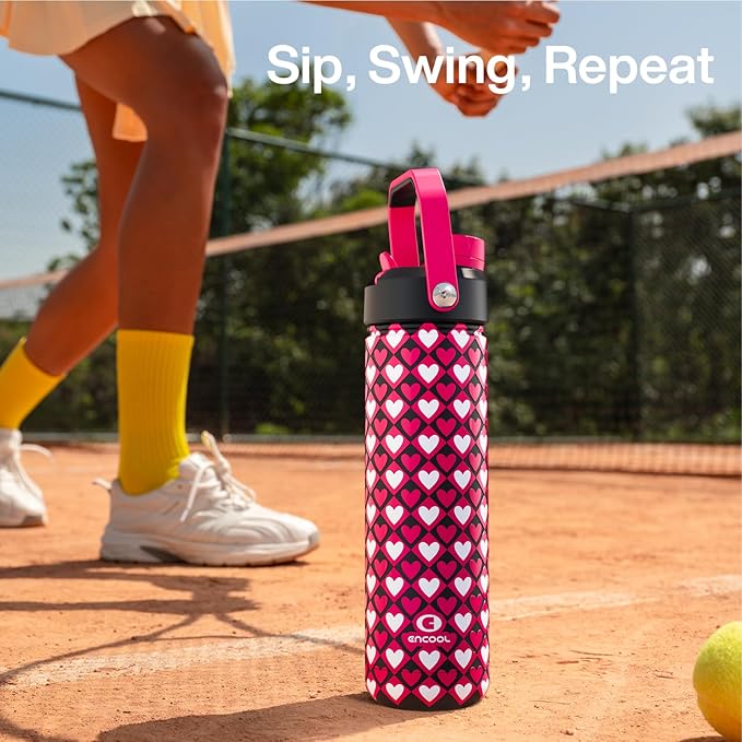 ENCOOL Insulated Water Bottle with Straw Stainless Steel Water Bottle, Leak-Proof, BPA-Free, Keeps Cold for 24 Hours for Sports, Travel, School (26 oz, Bold Hearts Mono x Red)