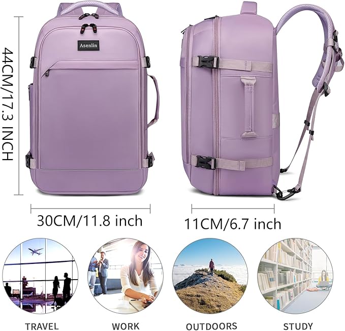 Asenlin Travel Backpack for Women Men,Flight Approved Carry On Luggage 30L Water Resistant Business Laptop Backpacks Fits TSA 15.6 Inch Computer College Weekender Outdoor Hiking-Purple