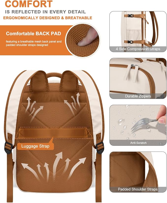 Capolo Travel Backpack for Women Men Waterproof Laptop Backpack Airlines Approved Carry On Backpack Bag Computer Bookbag for Business, Work, Traveling Fits 17 Inch Laptop(Beige &Brown Zipper)