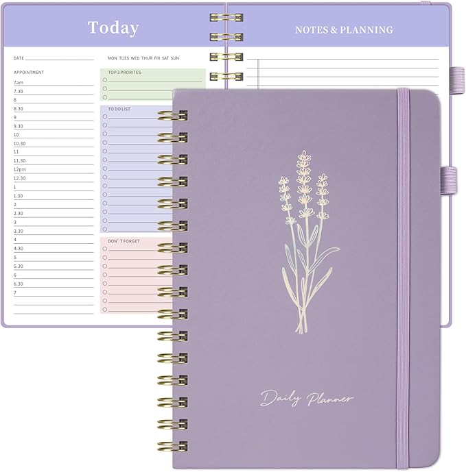 Oucaru Undated Daily Planner, A5 Spiral Notebook with Hourly Schedule, To Do List, Priorities, and Notes for Productivity - Easily Organize Your Tasks, Appointments & Goals for Women