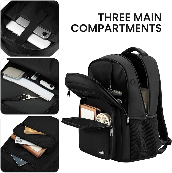 Paude Black Backpack,17.3 Inch School Backpack for Teens Adults Laptop Bookbag for High School College Students Back Pack for Work