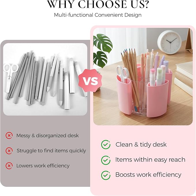 KONVINIT Pink Pen Holder for Desk, 5 Slots 360° Rotating Pen Organizer, Cute Desk Organizers and Accessories for School, Home, Office and Art Supply