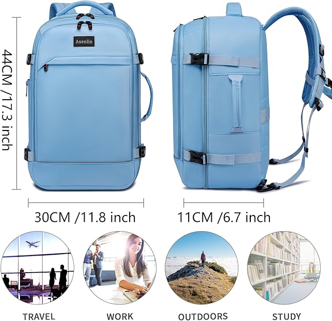Asenlin Travel Backpack for Women Men,Flight Approved Carry On Luggage 30L Water Resistant Business Laptop Backpacks Fits TSA 15.6 Inch Computer College Weekender Outdoor Hiking-Light Blue