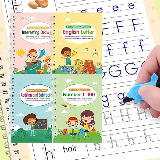 4 Pcs Reusable Grooved Handwriting Practice Books, Magic Practice Copybook with Disappearing Ink Pens Pencil Grips, Handwriting Workbook Letter Tracing Books for Kindergarten Preschool Kids Age 3-8