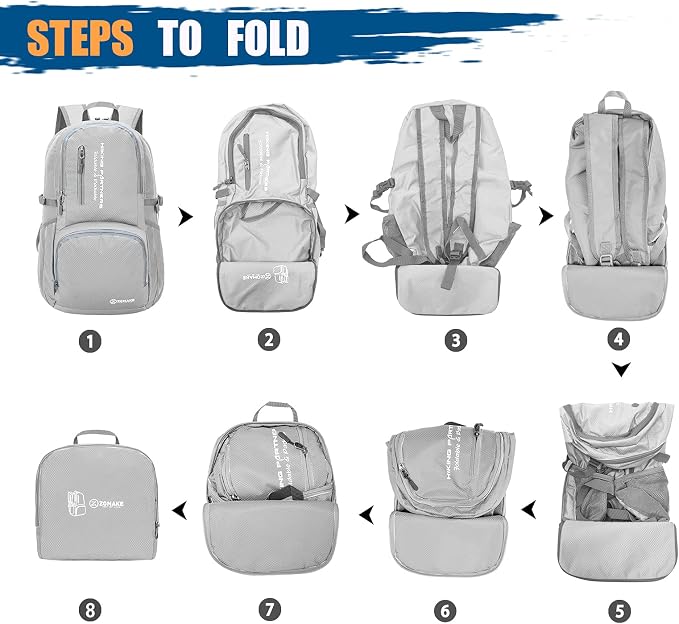 ZOMAKE Lightweight Packable Backpack, 35L Foldable Daypack (Silver Grey) | Light Hiking Backpacks Water Resistant Collapsible Day Pack for Travel, Everyday Carry, Multi-Pocket Layout, Heavy Duty Nylon