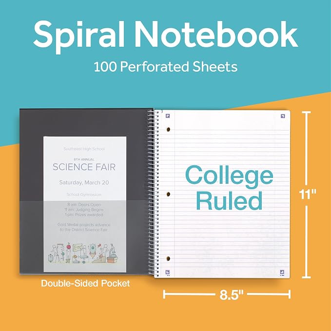 Oxford Spiral Notebook with Free Study App, 1 Subject, College Ruled, Ultra Smooth Paper, No Ink Bleed-Through, Strong Poly Black Cover, Durable 2 Sided Pocket, 100 Easy Perforated 8.5" x 11" Sheets