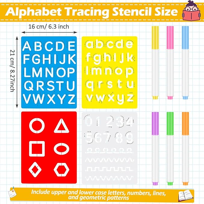 Gersoniel 10 Pieces Preschool Letters and Numbers Alphabet Stencils Colorful Double Sided Tracing Board PET Paint Boards with Craft Markers Marker Paint Pens Preschool Learning Toys