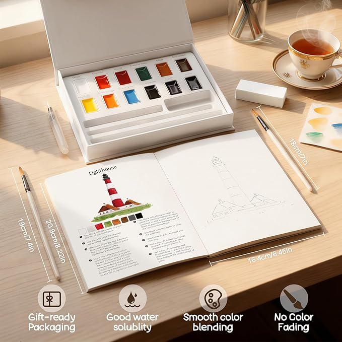 Watercolor Workbook for Beginners-Water Color Books Paint Set with 12 Original Patterns,Water Coloring Book with 12 Colors&Brushes,Arts&Crafts Birthday Gifts(Seaside)