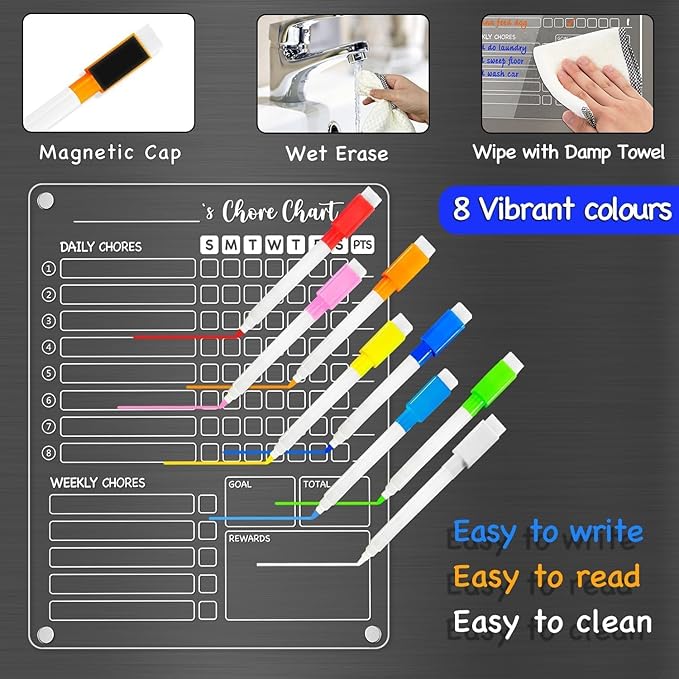 PigPotParty Acrylic Magnetic Chore Chart for Kids, 2 Pack 12 x 9.5 Inch Reward Chart for Multiple Kids and Teens, Dry Erase Chore Board for Fridge, Embedded Magnets, 8 Wet Erase Markers and 1 Towel