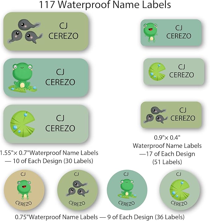 Personalized Kids Name Labels – Waterproof Custom Stickers for Daycare & School, 117 Pack, Dishwasher & Laundry Safe (Frog)