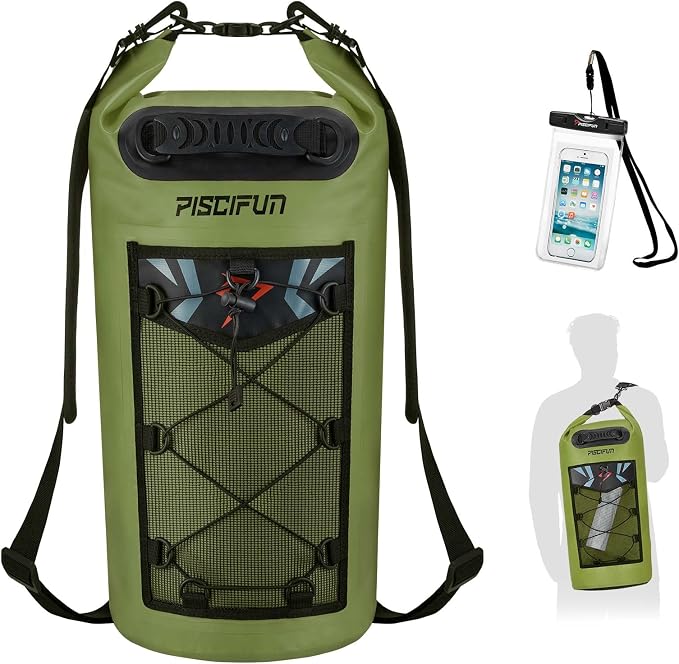 Piscifun Dry Bag, Waterproof Floating Backpack 10L/20L/30L/40L | Waterproof Phone Case, Adjustable shoulder straps, Roll-top closure keeps gear dry, Ideal for Boating, Kayaking, Fishing