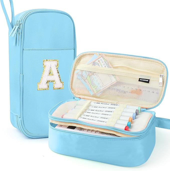 Large Pencil Case,Big Capacity Pencil Pouch,Personalized Initial Pencil Bag with smooth zipper,Multiple Pockets,Cute Aesthetic Stationery Pen Case Bag for Teen Girls College (Blue, A)