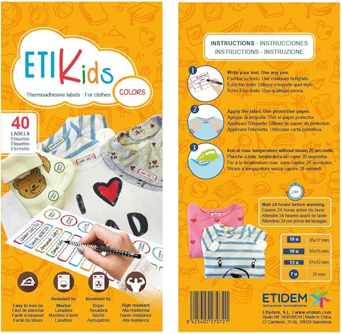 ETIKIDS 40 Writable Fabric Clothing Labels for School and Nursery, Colorful, Customizable, Washable, Iron-on, for Kids, Newborns, and Adults, Diverse Sizes, Colored Borders