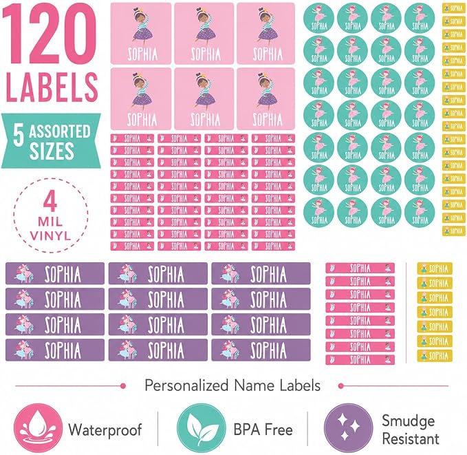 Andaz Press Custom Personalized Waterproof School Name Labels, Ballerina, 120-Pack, Kids Labels Combo Pack, Customizable Multi-Use Name Stickers Back to School Supplies Custom Name Stickers