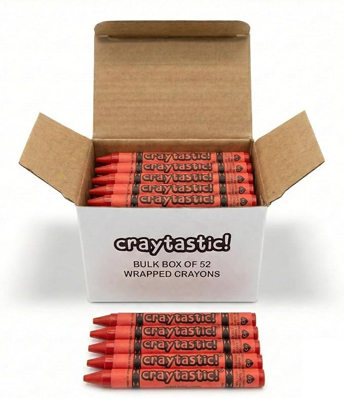 Craytastic! Bulk Wrapped Crayons Box of 52 (RED) for Crafting, Parties, Kids - Paper Wrapped - Safety Tested Compliant with ASTM D-4236