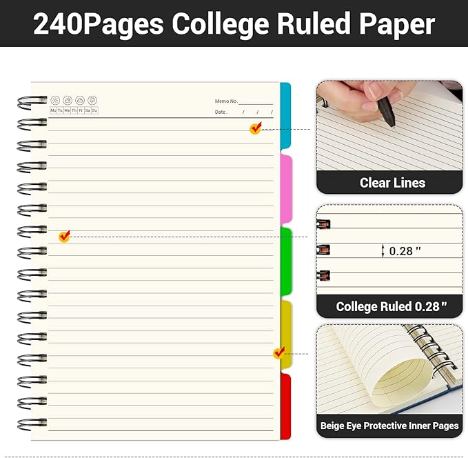 EUSOAR Spiral Notebook College Ruled, 3pcs A5 5.5"x8.3" 5 Subject Writing Pad, Thick Hardcover, 100GSM 120Sheets/ 240Pages of Lined Paper, for School, Home Supplies, Office and Business, Royal Blue