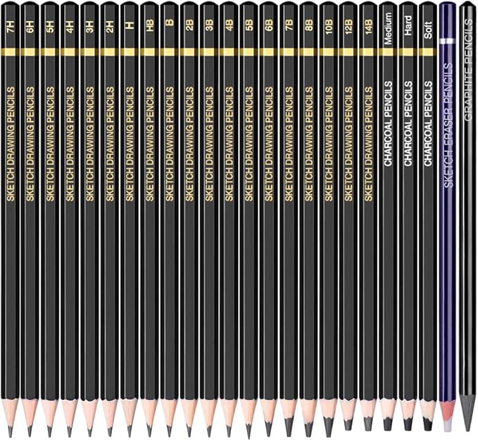 Sketching Pencil Set - 24 Pieces Drawing Sketch Pencil HB,B,2B,3B,4B,5B,6B,7B,8B,10B,12B,14B,H,2H,3H,4H,5H,6H,7H, Includes Charcoal, Eraser, Graphite Pencils for Beginners & Pro Artists