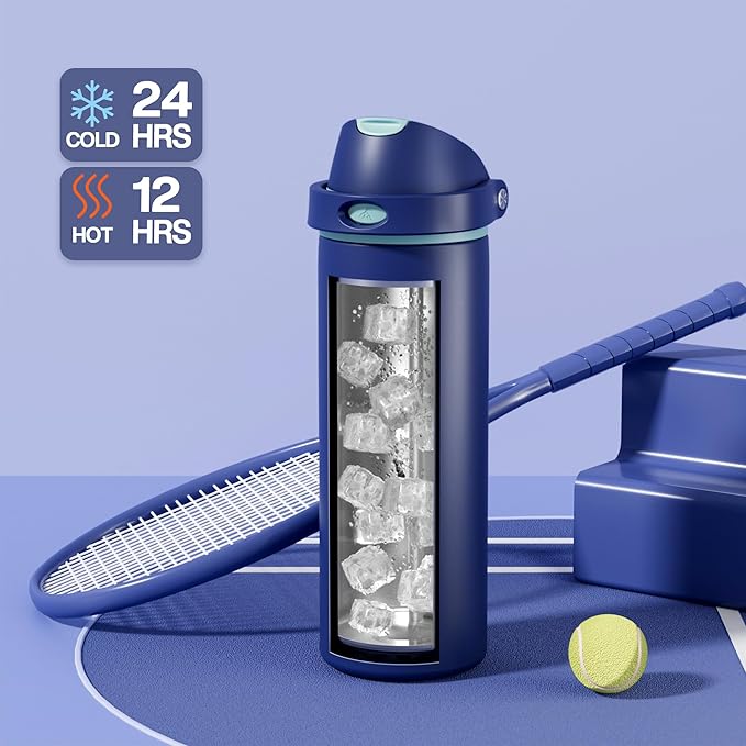 POWCAN 24 oz Insulated Stainless Steel Water Bottle: 2-in-1 Push-Button Spout & Quick-Flip Straw, Leakproof, Cold 24 Hrs, Fits Car Cup Holder, Sports Bottle for Travel, Gym, School Gift (Wit & Wings)
