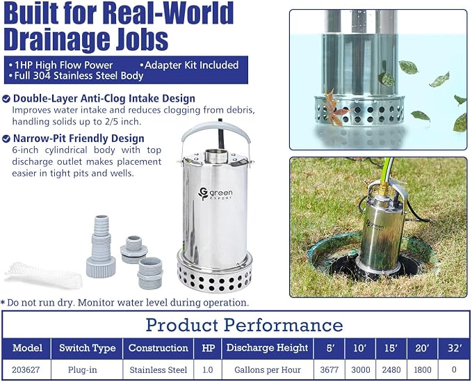 Green Expert 1HP Submersible Sump Pump, 4000GPH Full 304 Stainless Steel Manual Utility Pump with Adapter Kit, Oil-Free Top Discharge Water Removal for Basements, Pools, Hot Tubs & Drainage Pits