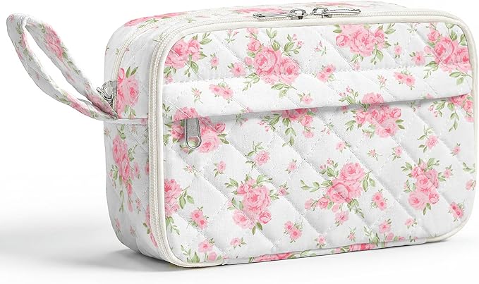 WOBAGMEN Quilted Pencil Pouch for Girls Women, Large Pencil Case Pouch with Compartments Cute Aesthetic Pencil Case Organizer, Floral Pencil Bag for School Supplies (big pink floral)