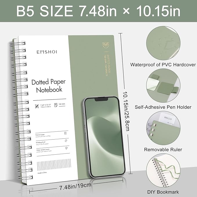 EMSHOI Spiral Notebook B5 Dotted journal, Dotted Grid Notebook with 300 Pages, 100gsm Thick Paper, 7.48" × 10.15", Waterproof Softcover Notebook for Journaling Writing - Light Green