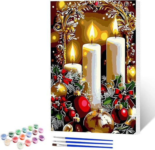 NAIMOER Christmas Candles Paint by Numbers Kits for Adults Beginner with Wooden Framed, Color by Numbers on Canvas Painting Kits for Adults, Easy Paint DIY Acrylic for Home Wall Decor 8X12 Inch