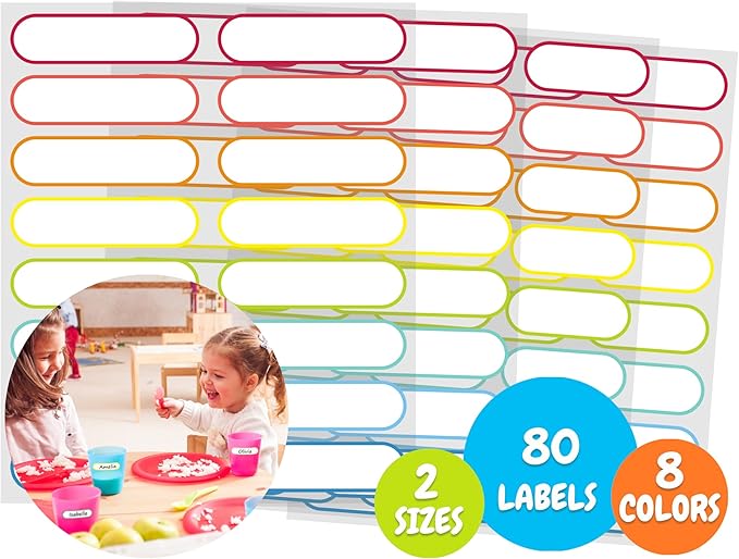 Baby Bottle Labels for Daycare, Self-Laminating, Waterproof Write-On Name Labels, Assorted Sizes & Colors, Pack of 80 (Rainbow)