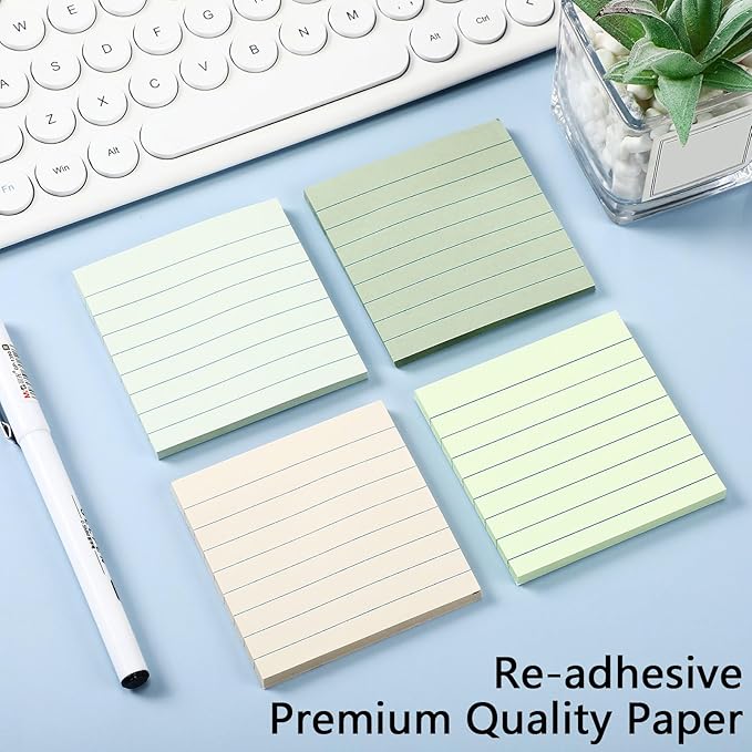 AmazingSpark 12 Pack Sage Green Lined Sticky Notes 3x3 inch Post Ruled Stickies Super Self Stick Power Memo Pads Multi Colors Notes Pads Vintage Aesthetic School Office Supplies Accessories