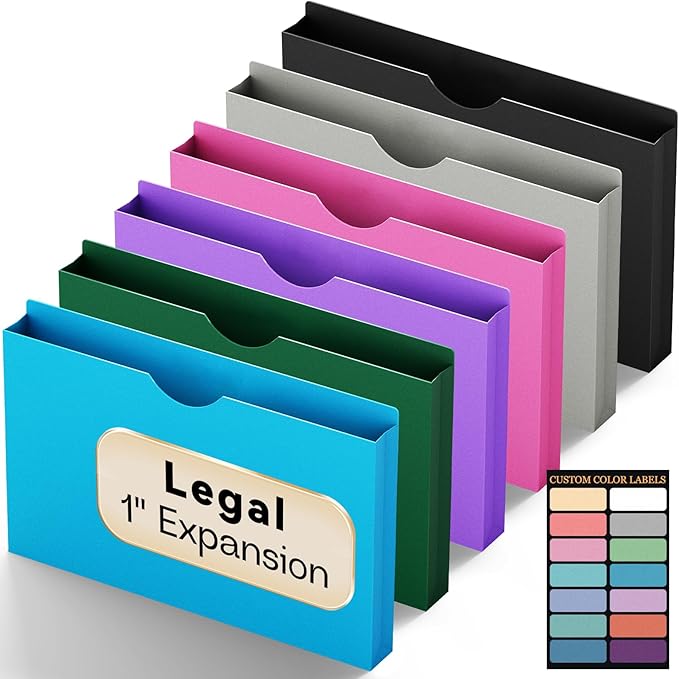 Plastic 1 Inch Manila File Jackets Legal Size,12 Pack Reinforced Manilla Pocket Folders,Colored Expanding File Pocket for Documents,Heavy Duty Accordion File folders with Straight Cut Tabs