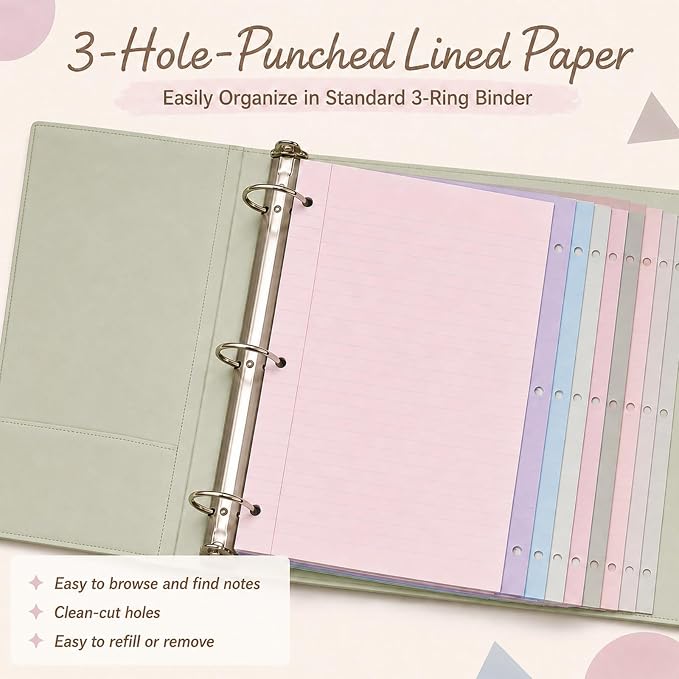 gisgfim 100 Sheets 3 Hole Punched Lined Refill Paper 8 x 10.5 Inch Loose Leaf Paper 3-Ring Binders College Ruled Notebooks Planner Inserts Thicken for Writing School Office Home Supplies(Taro)