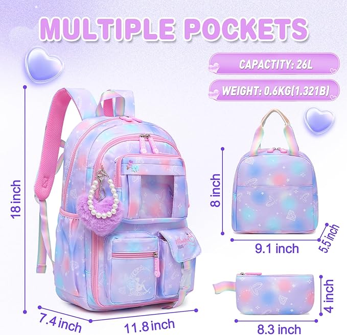Alrisg Girls Backpack for Kids Elementary Middle School Cute Student Bookbag School Bag Purple Set
