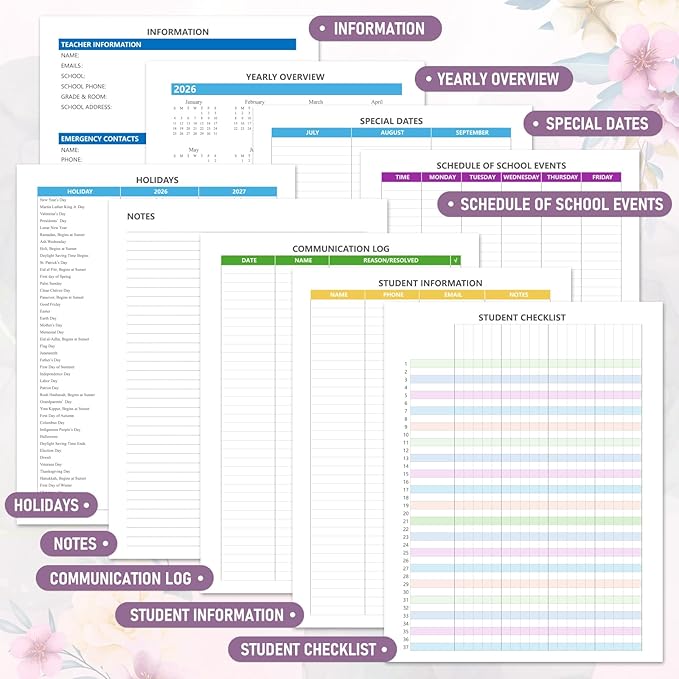 Teacher Planner 2026-2027, Jul 2026-Jun 2027 Academic Year, 8.5" x 11" Lesson Planner Book for Teacher Calendar, Spiral Bound Planners, Colorful Monthly Tabs, Planning Stickers, Flower
