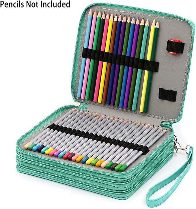 BTSKY Deluxe PU Leather Pencil Case For Colored Pencils - 120 Slot Pencil Holder with Handle Strap Handy Colored Pencil Box Large(Green)