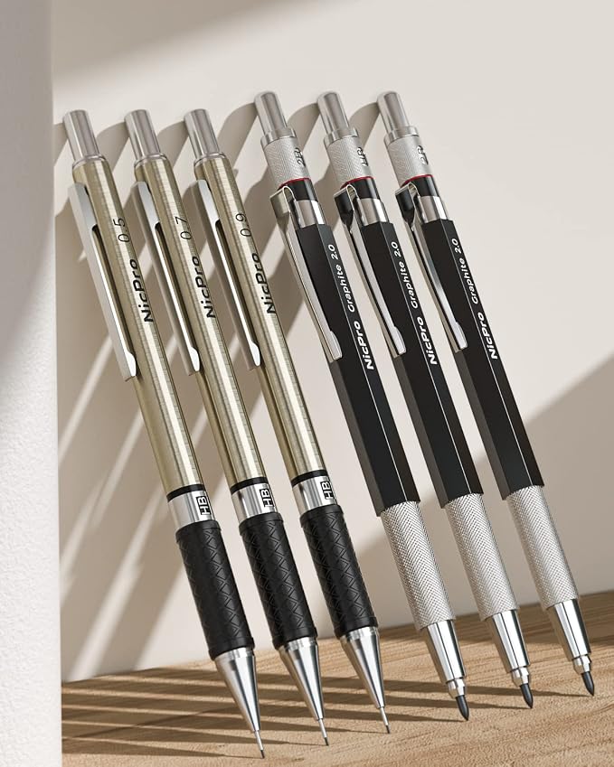 Nicpro 30PCS Art Mechanical Pencil Set in Leather Case | Metal Drafting Pencil 0.5/0.7/0.9 & 3×2mm Lead Holders for Sketching Drawing With 252 (6B 4B 2B HB 2H 4H Colors) Lead Refills