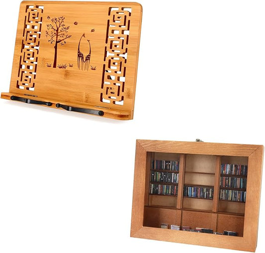 MEGREZ Book Stand for Reading (13.2 x 9.4 inch) Bamboo Cookbook Stand Holder & Anxiety Bookshelf Shake Away Your Anxiety, Handmade Mini Library Decor with Tiny Books