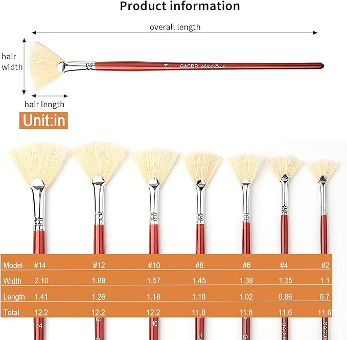 GACDR Fan Brush for Painting, 7 Pieces Fan Brush Set with Hog Bristle Natural Hair and Long Wood Handle, Professional Artist Fan Brushes for Acrylic Painting,Oil Watercolor Painting