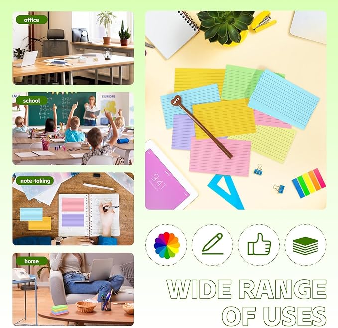 Tecmisse 300PCS 3x5 Index Cards Colored, Ruled Index Cards Colorful, Lined Flash Cards for Studying, Heavy Note Cards for Office, Home and School
