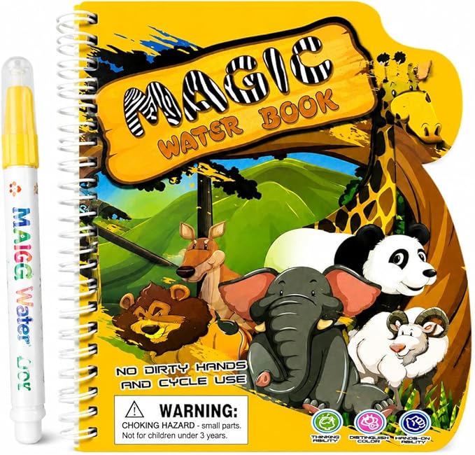zreboeim Magic Water Coloring Book for Kids, Zoo Animal Themed Reusable Water Doodle Book with Pen, Mess-Free Painting Activity Toy for Toddlers Ages 3+ Educational Travel Gift