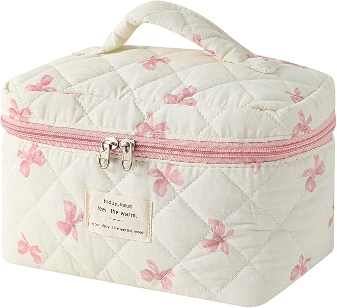 uekeboag Large Travel Quilted Makeup Bag for Women | Soft Floral Cotton Cosmetic Bag, Foldable Coquette Aesthetic Toiletry Organizer