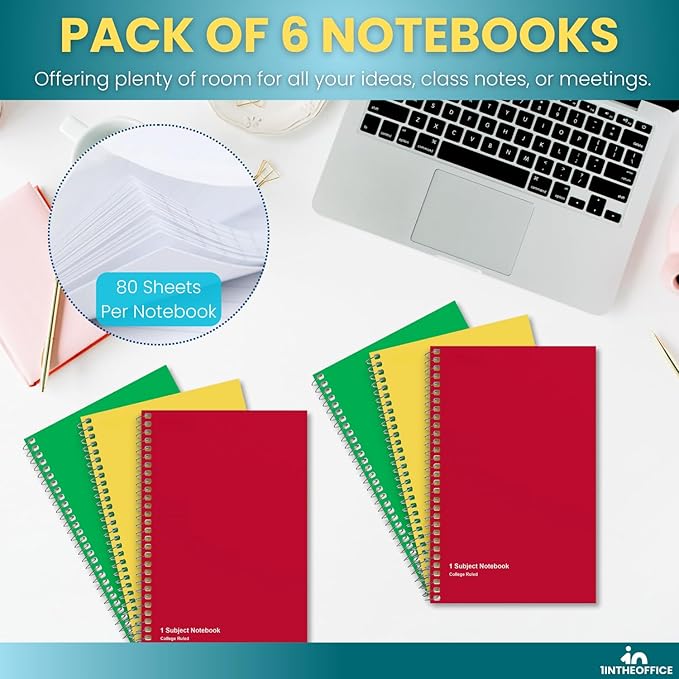 1InTheOffice 1-Subject Wirebound Notebook, College Ruled, 80 Sheets, Spiral Notebook 5x7, 7 3/4" x 5", 6/Pk (6)