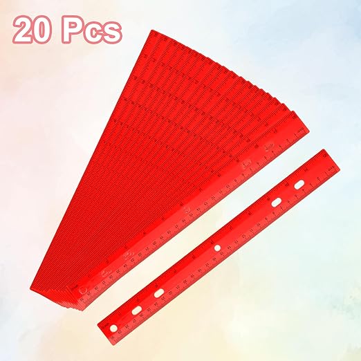 HARFINGTON 20pcs Plastic Rulers 12" (30cm) Clear Straight Ruler Measuring Tool Inches and Centimeters with Hole for Home Office Classrooms Drafting, Red