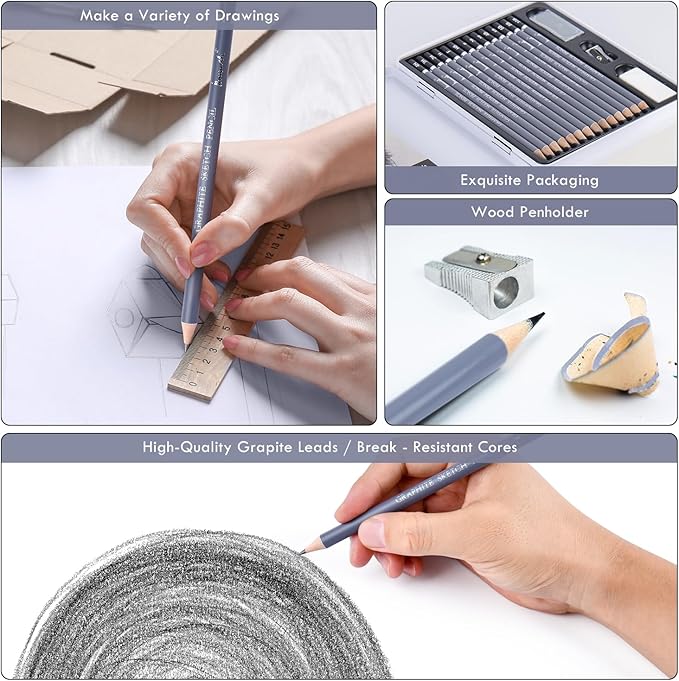 Brusarth Professional Sketch Pencils for Drawing Set - Graphite Pencils (4H-10B), Graphite Sticks, Erasers and Sharpener, Art Pencils for Sketching- Ideal for Artists and Beginners,17Pcs