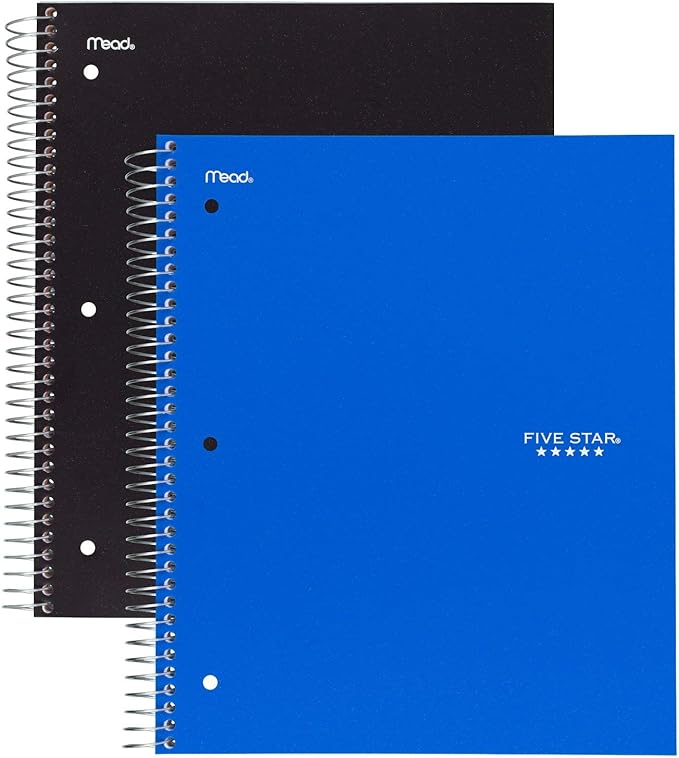 Five Star Spiral Notebooks, 5 Subject, Wide Ruled Paper, 200 Sheets, 10-1/2" x 8", Black, Blue, 2 Pack (73037)