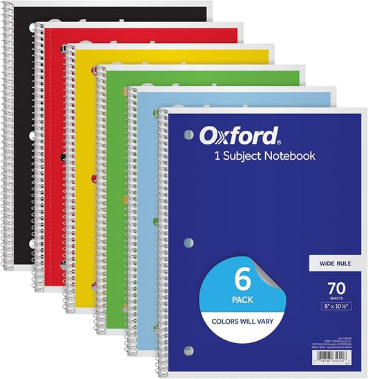 Oxford Spiral Notebook, 6 Pack, 1 Subject, Wide Ruled Paper, Notebooks for School, 8 x 10.5 Inches, 70 Sheets, Assorted Colors, Back to School Supplies (65010)