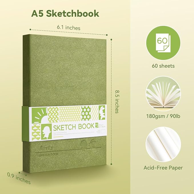 Arrtx Premium Hardcover Sketch Book, 60 Sheets/120 Pages, 180 GSM Thick Acid-Free Drawing Paper, Hardbound Sketch Pad with Inner Pocket, Green 8.5"x6.1" Sketchbook