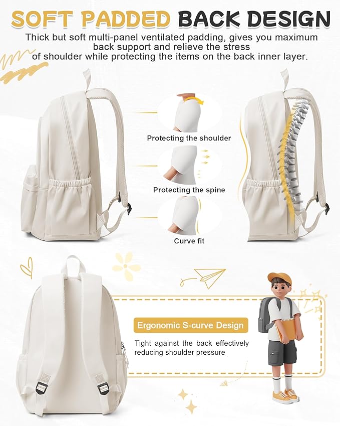 BJLFS Beige Backpack for School Women Girls, Waterproof Book bags Cute High School Backpacks for Men Teen Boys, Lightweight Travel College Backpack Mochilas Escolares para Daypack Ruckssack