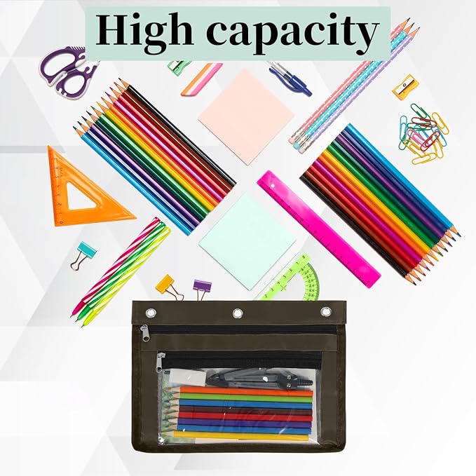 YoeeJob 2 Pack Expandable Pencil Pouches for 3 Ring Binders, Coffee Color | 1-inch expansion, 2 clear PVC pockets, 3 holes, large-capacity storage for school and office supplies.
