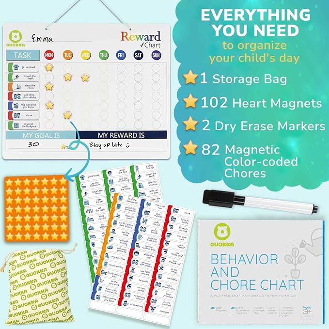 QUOKKA Reward Chart for Kids - Magnetic Behavior Chore Chart for Kids at Home - Dry and Erase Routine and Responsibility - Use 84 Magnets & 102 Stars - from Toddlers to Teens - Extended Version